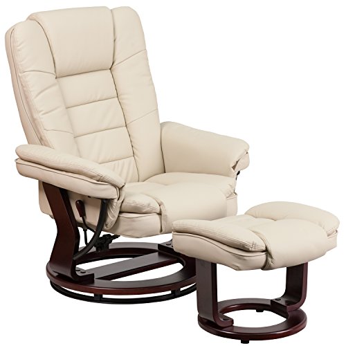 Flash Furniture Contemporary Black Leather Recliner/Ottoman with Swiveling Mahogany Wood Base