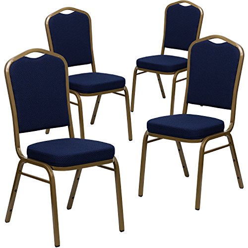 Flash Furniture 4 Pk. HERCULES Series Crown Back Stacking Banquet Chair in Navy Blue Patterned Fabric - Gold Frame