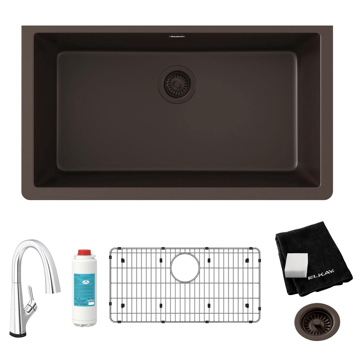 Elkay Quartz Classic 33' x 18-7/16' x 9-7/16' Single Bowl Undermount Sink Kit na may Filtered Faucet Mocha