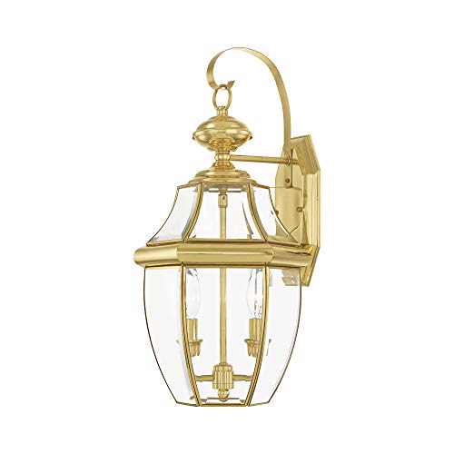 Livex Lighting 2251-02 Monterey 2 Light Outdoor Polished Brass Finish Solid Brass Wall Lantern na may Clear Beveled Glass