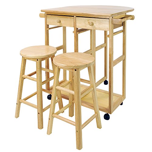 Casual Home Drop Leaf Breakfast Cart na may 2 Stools-Na...