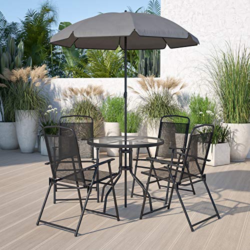 Flash Furniture Nantucket 6 Piece Garden Set na may Umbrella Table at Set ng 4 Folding Chair