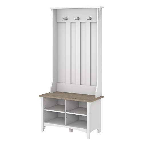 Bush Furniture Salinas Hall Tree na may Shoe Storage Bench sa Pure White at Shiplap Gray