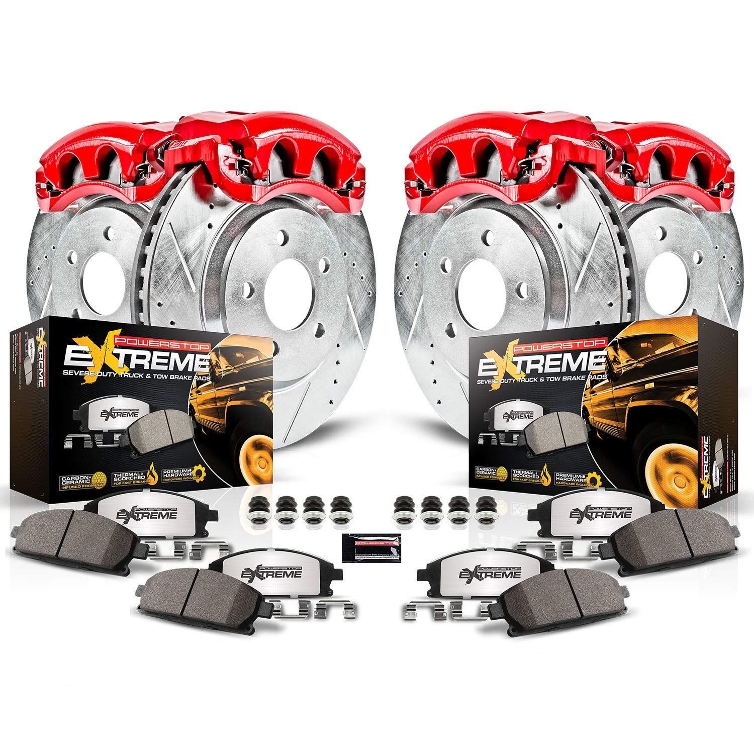 Power Stop KC6560-36 Front at Rear Z36 Truck & Tow Carbon Fiber Ceramic Brake Pads na may Drilled at Slotted Rotors at Caliper Para sa Escalade Chevy Silverado 1500 Tahoe GMC Sierra 1500 Yukon