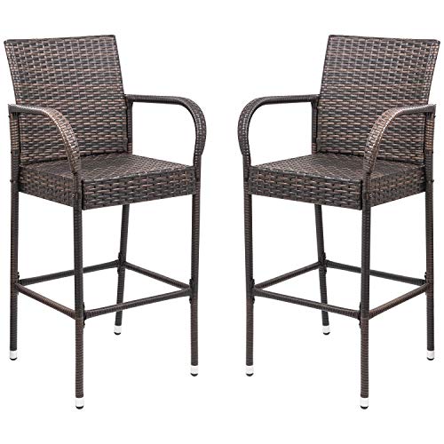 Homall Patio Bar Stools Wicker Barstools Indoor Outdoor Bar Stool Patio Furniture with Footrest and Armrest for Garden Pool Lawn Backyard Set of 2 (Brown)